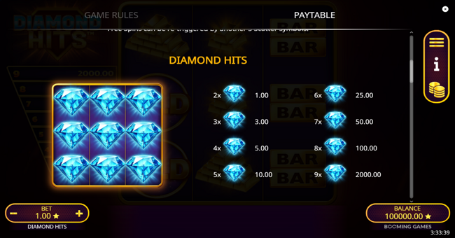 diamond hits paytable 1 paytable