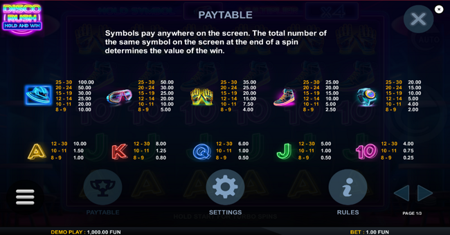 disco rush hold and win paytable paytable