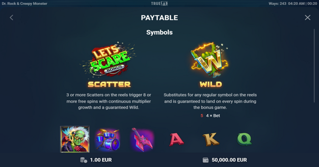 dr rock and creepy monster paytable 1 paytable