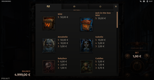 dreadworks paytable 1 paytable