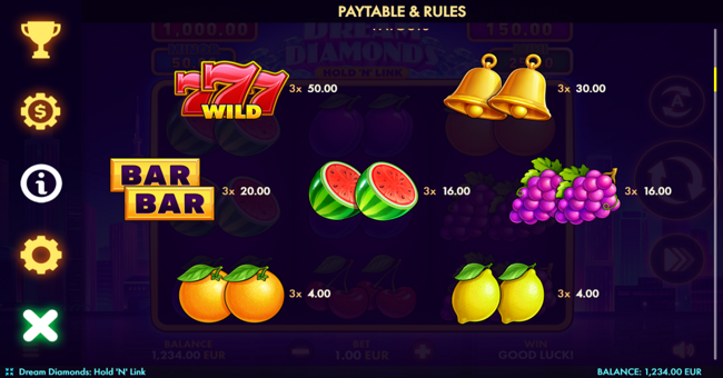 dream diamonds hold n link paytable 1 paytable