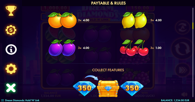 dream diamonds hold n link paytable 2 paytable