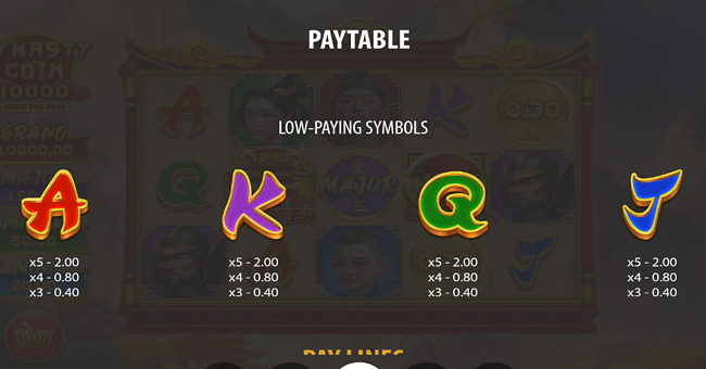 dynasty coin 10000 hold the spin paytable 2 paytable