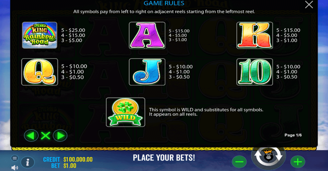 emerald king rainbow road 1 paytable