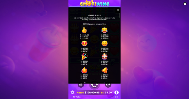 emotiwins paytable 1 paytable
