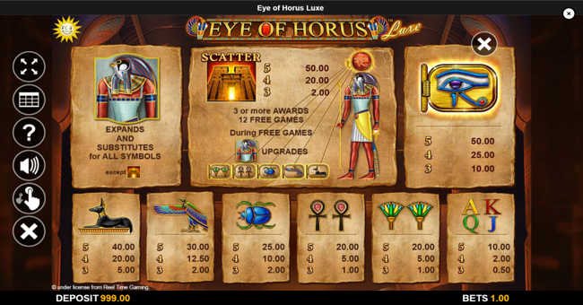eye of horus luxe paytable paytable