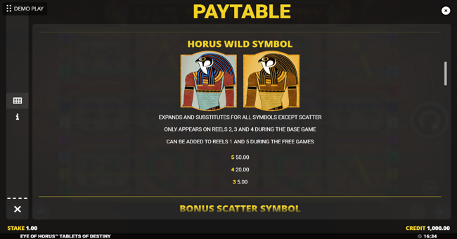 eye of horus tablets of destiny paytable 2 paytable
