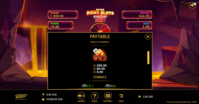 fiery slots cash mesh ultra dice paytable 2 paytable