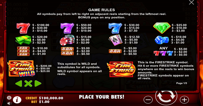 fire strike 2 paytable