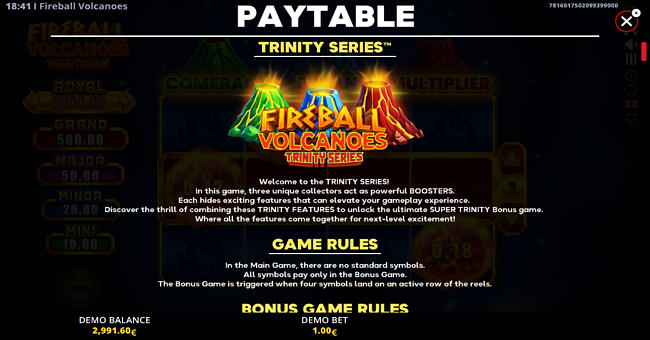 fireball volcanoes trinity series paytable 1 paytable