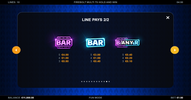 firebolt multi 7s hold and win paytable 2 paytable