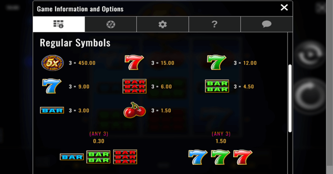 five times wins paytable paytable