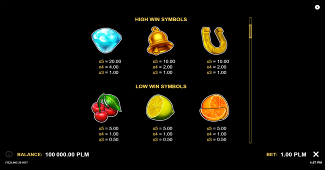 fizzling 20 hot paytable 1 paytable