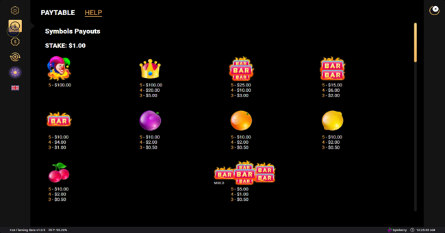 flaming bars paytable paytable