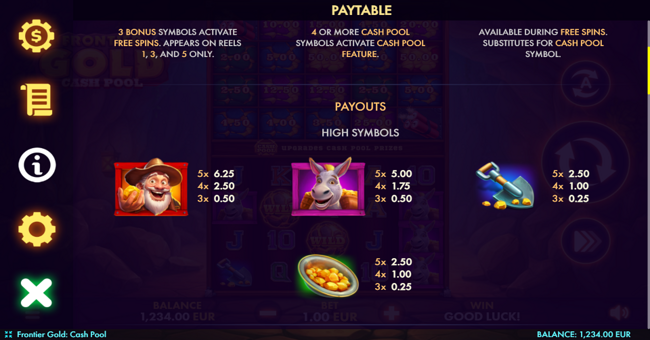 frontier gold cash pool paytable 1 paytable
