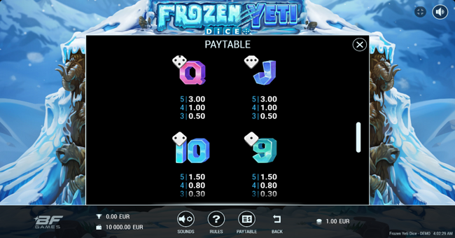frozen yeti dice paytable 3 paytable