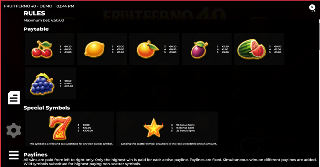fruitferno 40 paytable 1 paytable