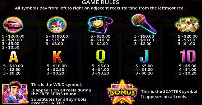 gameshow party jackpot play paytable paytable