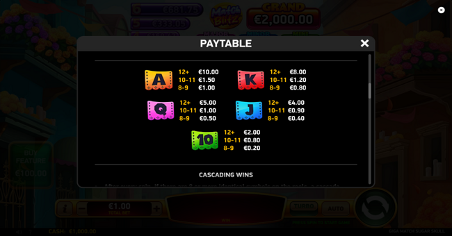 giga match sugar skull paytable 2 paytable