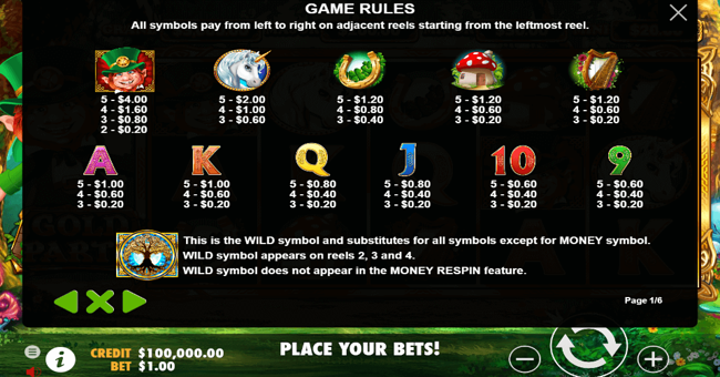 gold party 1 paytable