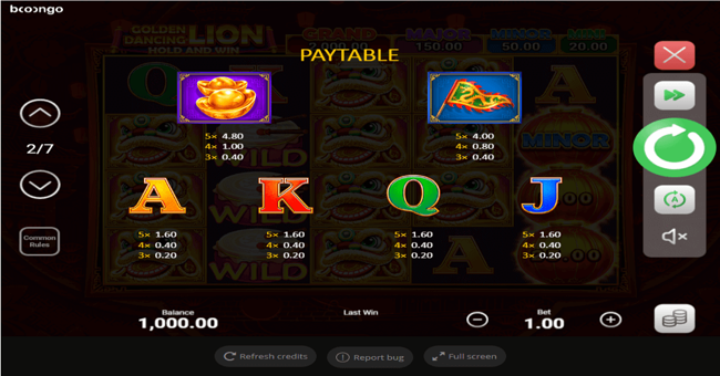 golden dancing lion paytable2 paytable