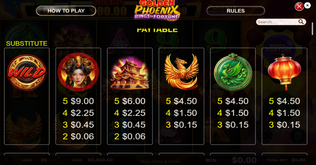 golden phoenix rings of fortune paytable 1 paytable