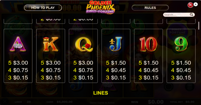 golden phoenix rings of fortune paytable 2 paytable