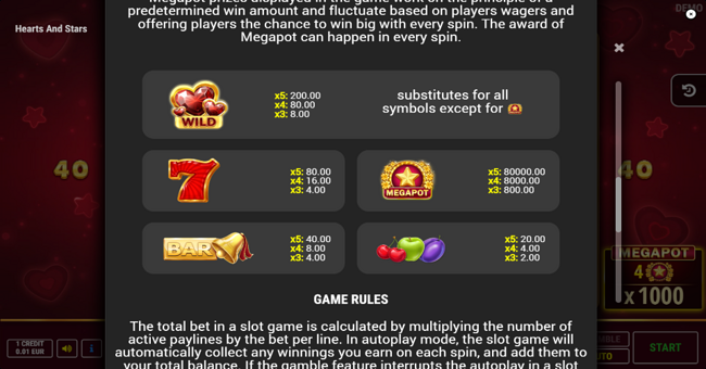 hearts and stars paytable paytable