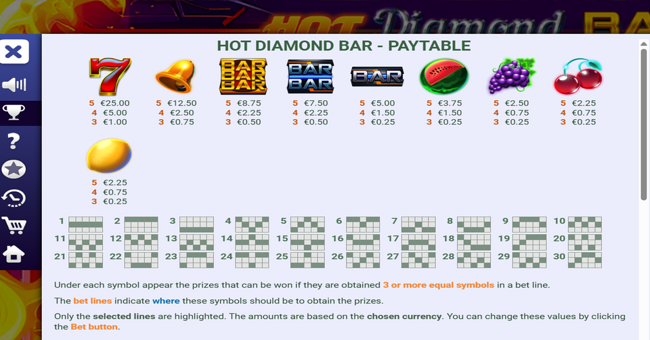hot diamond bar paytable paytable