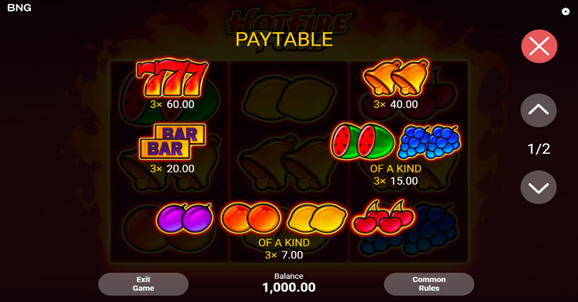 hot fire fruits paytable paytable