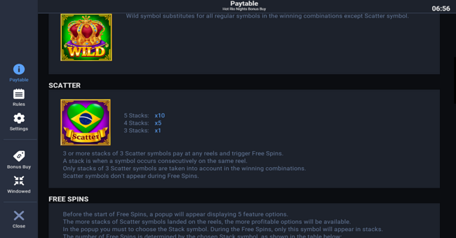 hot rio nights bonus buy paytable paytable