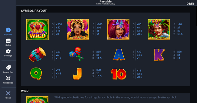 hot rio nights bonus buy paytable 1 paytable