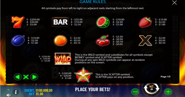 hot to burn hold and spin paytable paytable