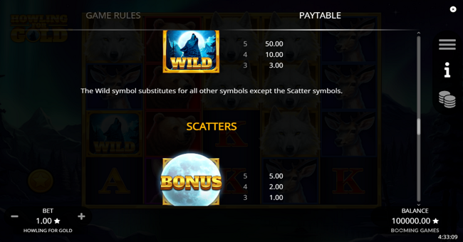 howling for gold paytable 1 paytable