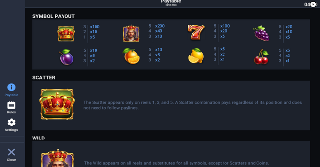 ignis rex paytable paytable