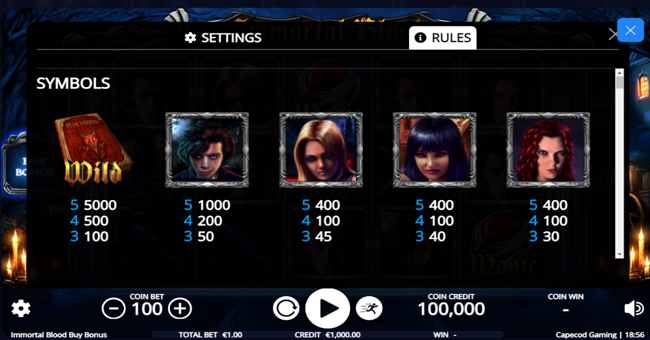 immortal blood buy bonus paytable 1 paytable