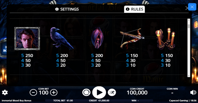 immortal blood buy bonus paytable 2 paytable