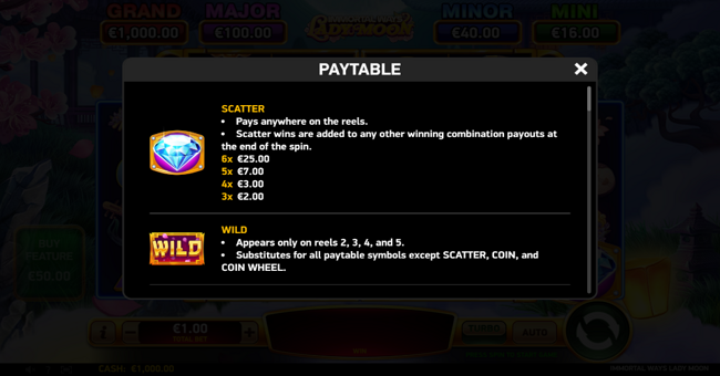 immortal ways lady moon paytable 1 paytable