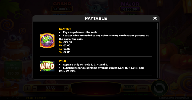 immortal ways spooktacular paytable 1 paytable