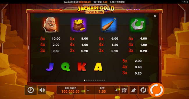 jackass gold hold and win paytable 1 paytable