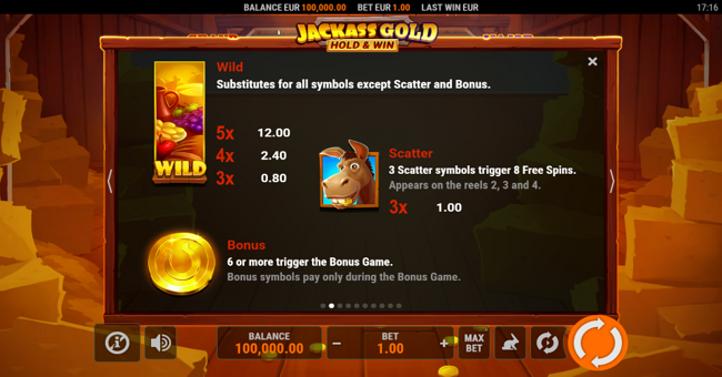 jackass gold hold and win paytable 2 paytable