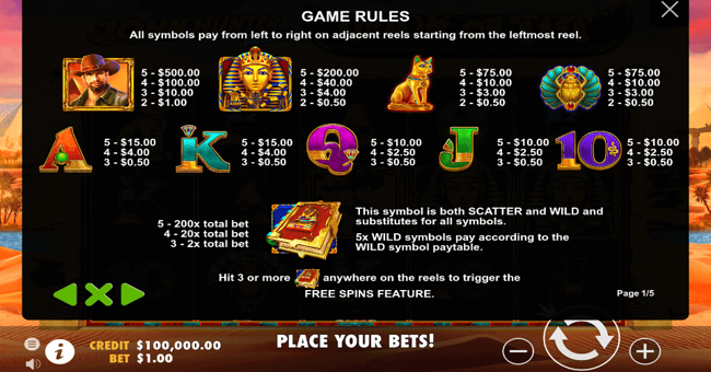 john hunter and the book of tut 2 paytable