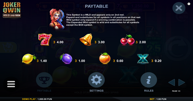 joker qwin hold and win paytable paytable
