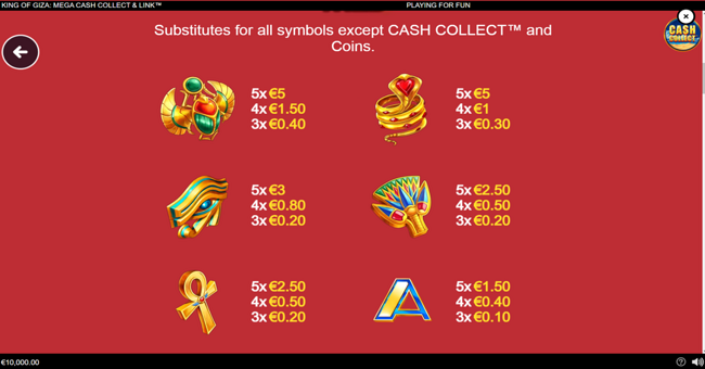 king of giza mega cash collect and link paytable 1 paytable