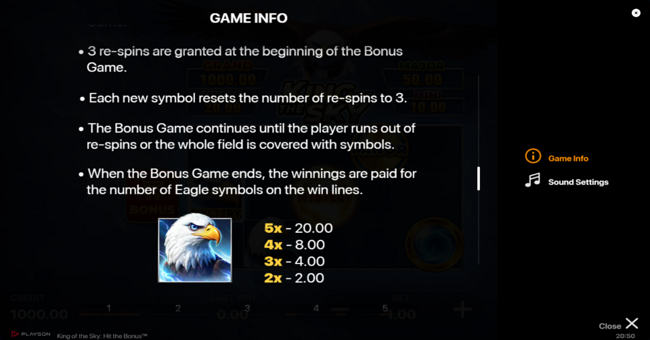 king of the sky hit the bonus paytable paytable