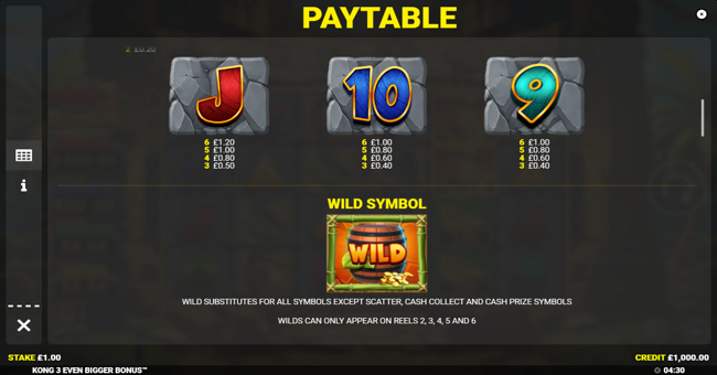 kong 3 even bigger bonus paytable 2 paytable