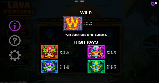 lava fortunes hold n spin paytable 1 paytable