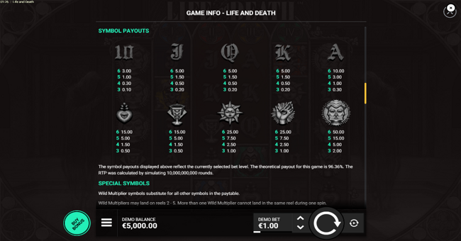 life and death paytable paytable