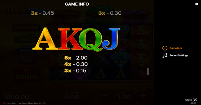 lion gems 3 pots hold and win paytable 5 paytable