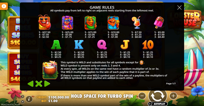 lobster house paytable paytable